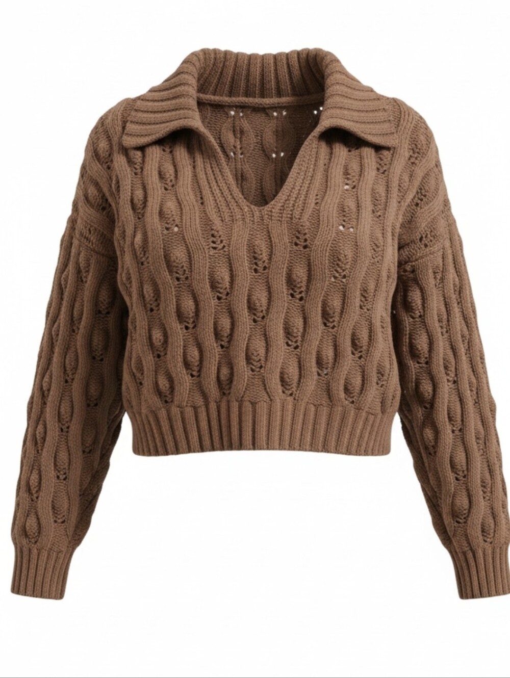 DEREK HEART Relaxed Cable-Knit V-Neck Sweater in Chestnut Brown